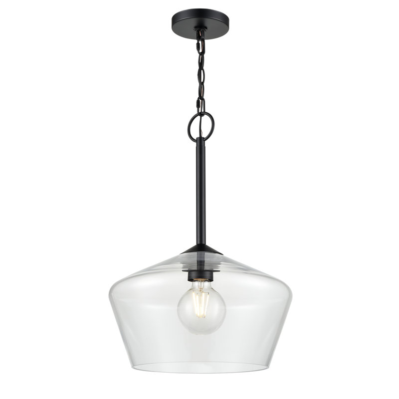Luminaire suspendu 1 lumière avec abat-jour en verre transparent Longshore Tides Borghild, Noir mat