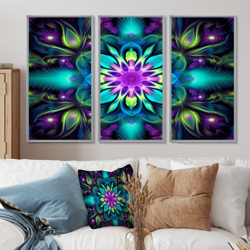 Turquoise néon fractal fleurs II - ensemble de décoration murale mandala boho, Encadrement argenté