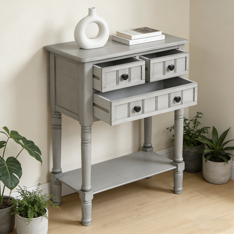 Narrow Sofa Table With 3 Drawers – Living Room Console Table With Storage, Gray Wash, 31.1" H x 23.7" W x 13" D