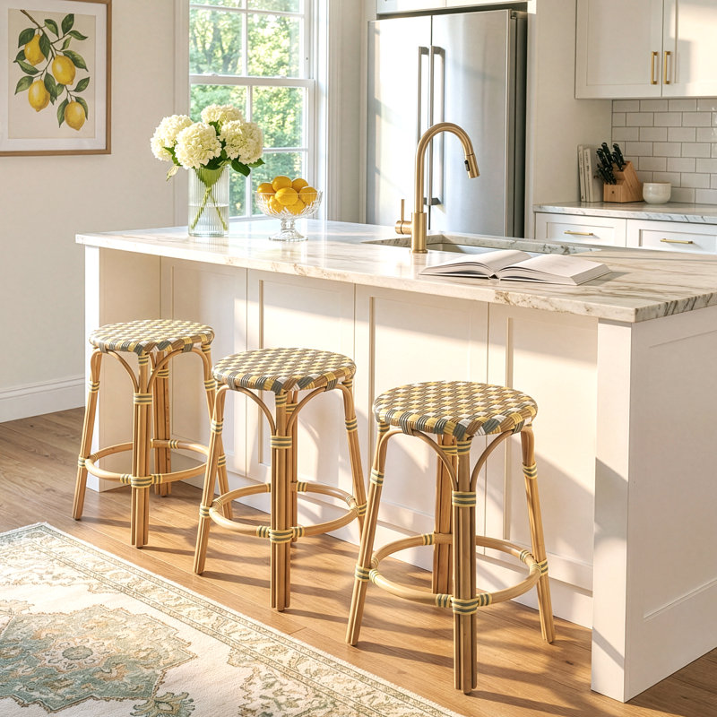 Tabouret de comptoir ovale en rotin 24 po Ballito, Jaune et brun, 24.5