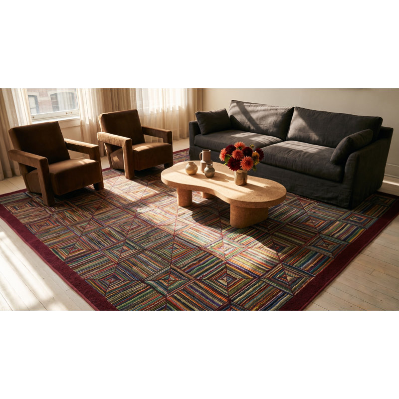 Colorful Geometric Log Cabin Squares Antique American Hooked Rug