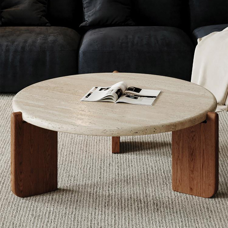 Ancient style round solid wood coffee table, 13.8" H x 39.4" L x 39.4" W, Brown