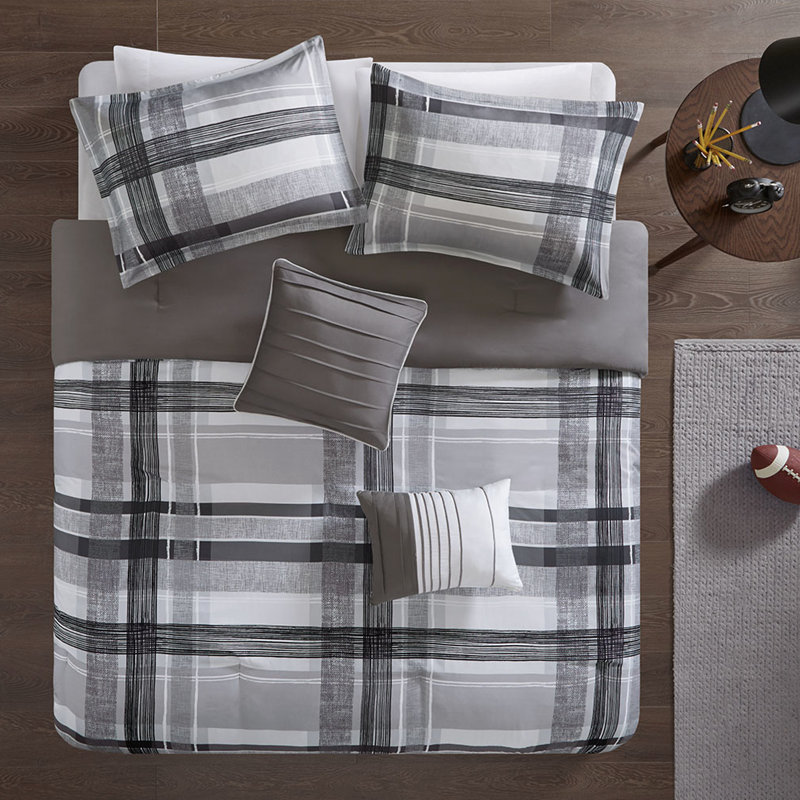Édredon pour lit simple / simple TG - Tissu écossais noir et gris avec 1 coussin décoratif