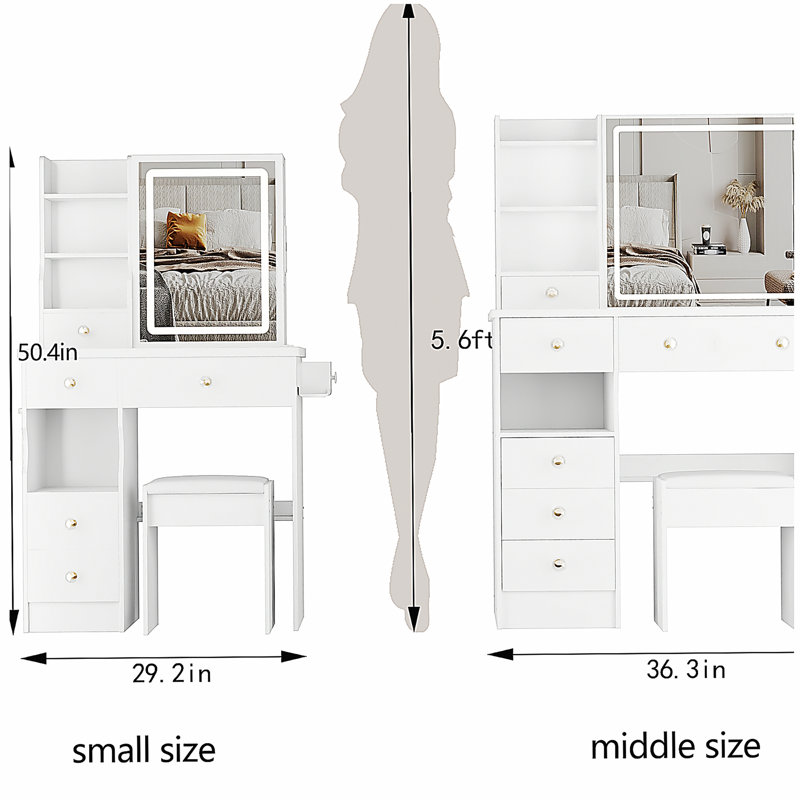 29.2" Small Size Left Drawer Desktop Vanity Table + Cushioned Stool, 2 AC+2 USB Power Station, Hair dryer bracket, Extra Large Touch Control Sliding LED Mirror, Tri-color Switching, Brightness Adjust