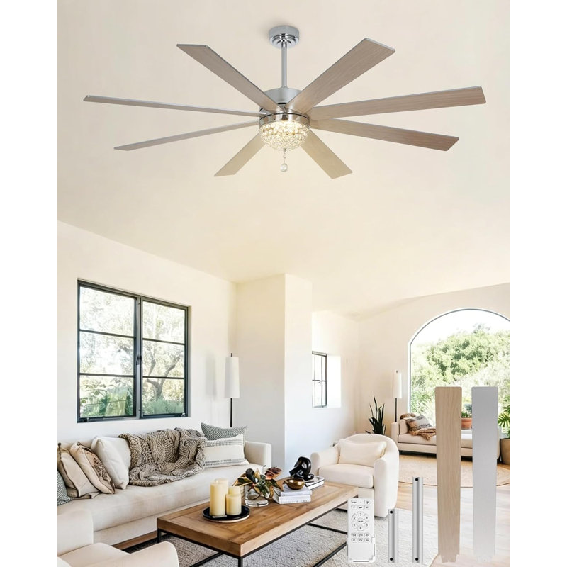 Ventilateur de plafond moderne en cristal de 72 po avec lumières et télécommande, ventilateur de plafond industriel réversible silencieux à courant continu, ventilateurs de lustre à DEL pour chambre à coucher, salon, salle à manger, chrome