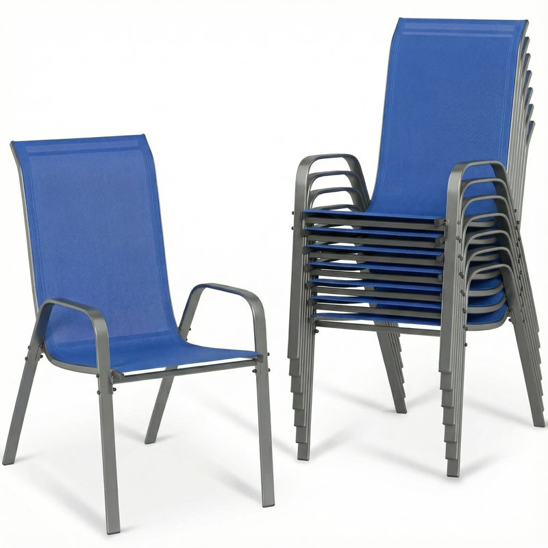 All-Weather Stackable Patio Chairs, Durable Textilene Fabric with Armrests, Sturdy Metal Frame, Ergonomic Quick-Dry Outdoor Dining Chairs for Backyard & Poolside(Navy Blue, 8pcs)