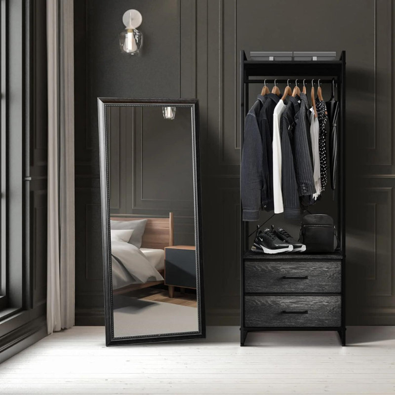 Portable Black and Gray Wood Clothing Rack with Drawers