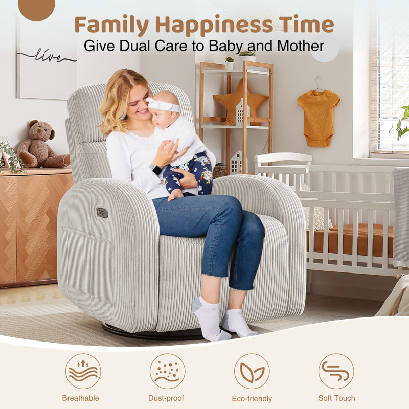 Delba Fabric Swivel Rocker Power Recliner, 270° Swivel Nursery Glider Recliner with USB & Type-C Port, Camel Corduroy