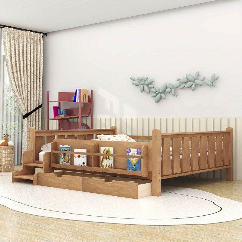 Lit mezzanine bas avec tiroirs et escaliers, Grand lit, Clair naturel