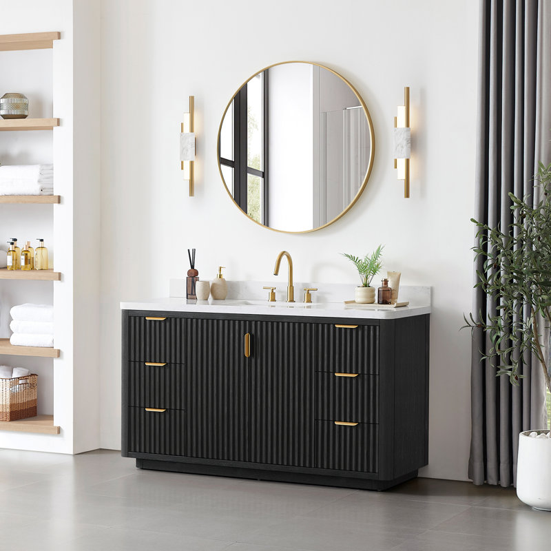 Hesiod 60" Single Bathroom Vanity With Composite Stone Top And Mirror, Fir Wood Black