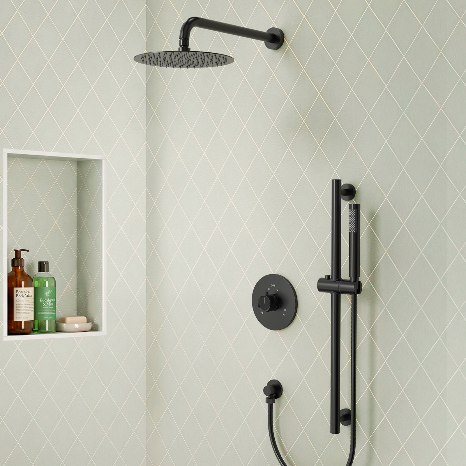 Pressure Balanced Shower System, 10" Rainfall Shower Faucet with Slide Bar And Handheld Shower Spray, Matte Black