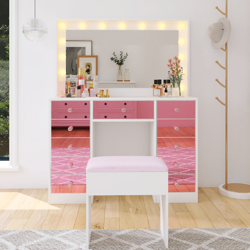 Modern Makeup Vanity With Cushioned Stool, Hollywood Bulbs