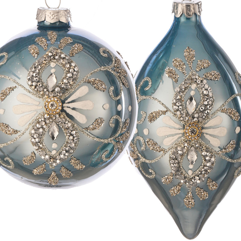 Ensemble de 6 ornements en verre de 4 à 6 po avec boule et faîteau, Bleu / Argent