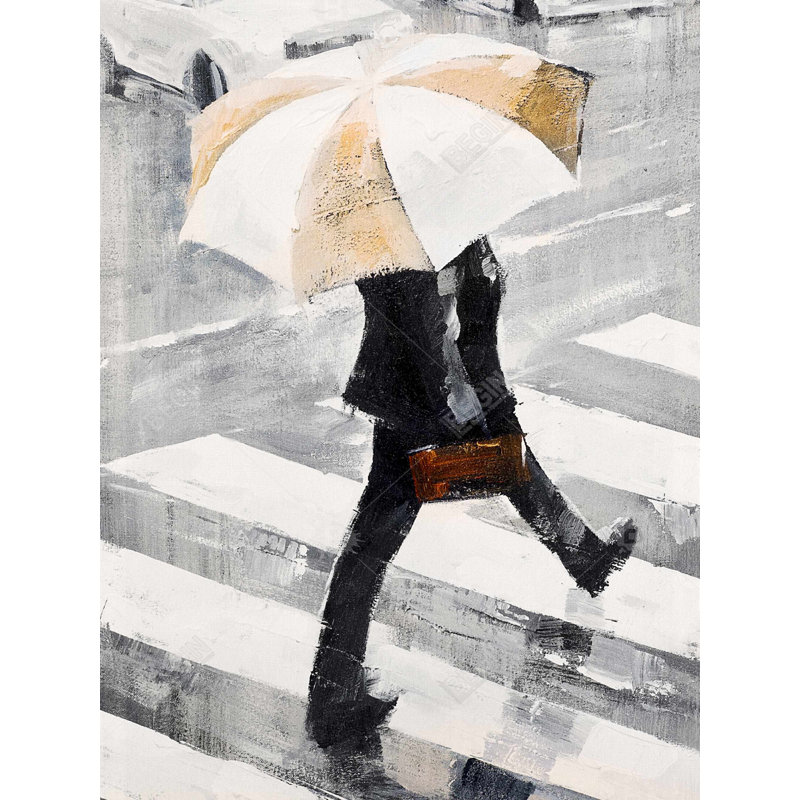 Man Walking with His Umbrella - Modern Framed Canvas Art