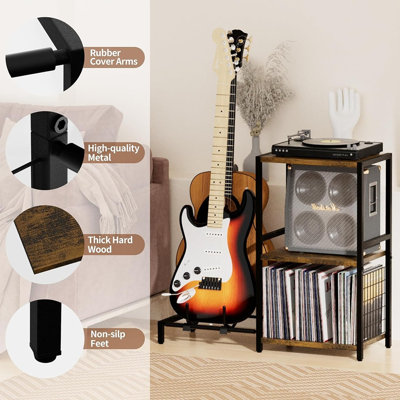 Support pour platine vinyle à 3 niveaux avec porte-guitare, table d'appoint de rangement pour vinyles, support pour platine vinyle compatible avec guitare acoustique, électrique, basse et ukulélé, brun