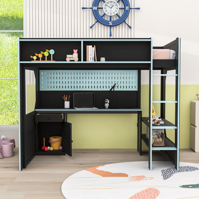 Modern Loft Bed with Built-in Desk, Pegboard Organizer, LED Lighting and Storage Shelves, Twin, Black/Blue