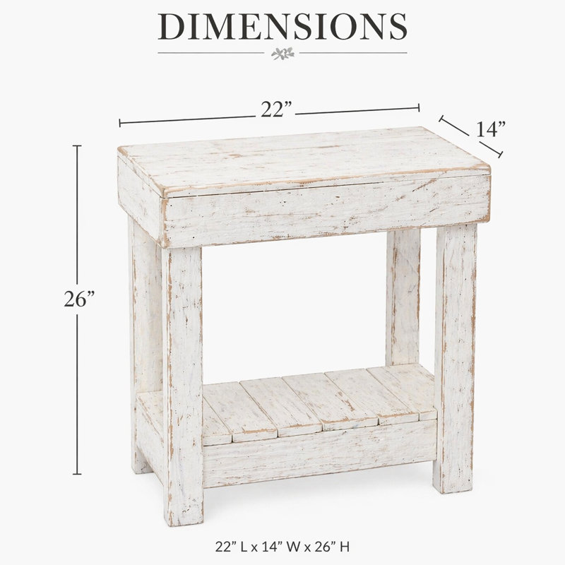 22'' Solid Reclaimed Wood End Table with Shelf | Rustic Side Table | Fully Assembled Accent Table (White), White