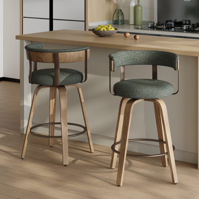 26'' Upholstered Swivel Counter Stool With Back And Bentwood Legs For Kitchen Island