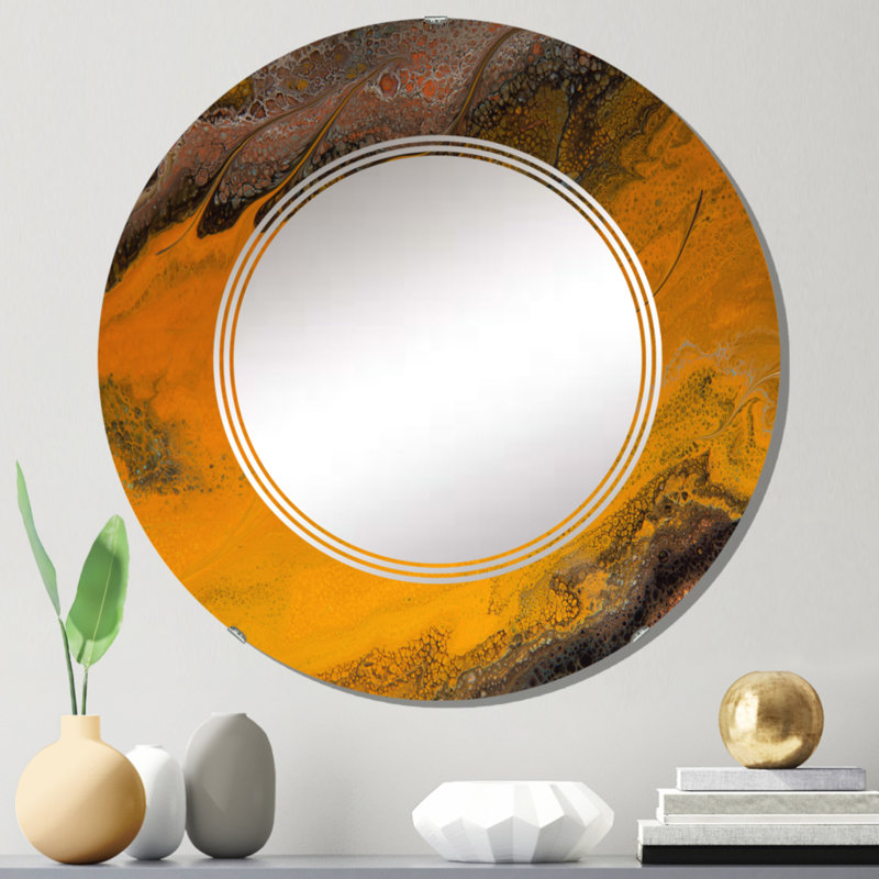 Vagues de marbre orange et noires - Miroir mural moderne, 24 po x 24 po