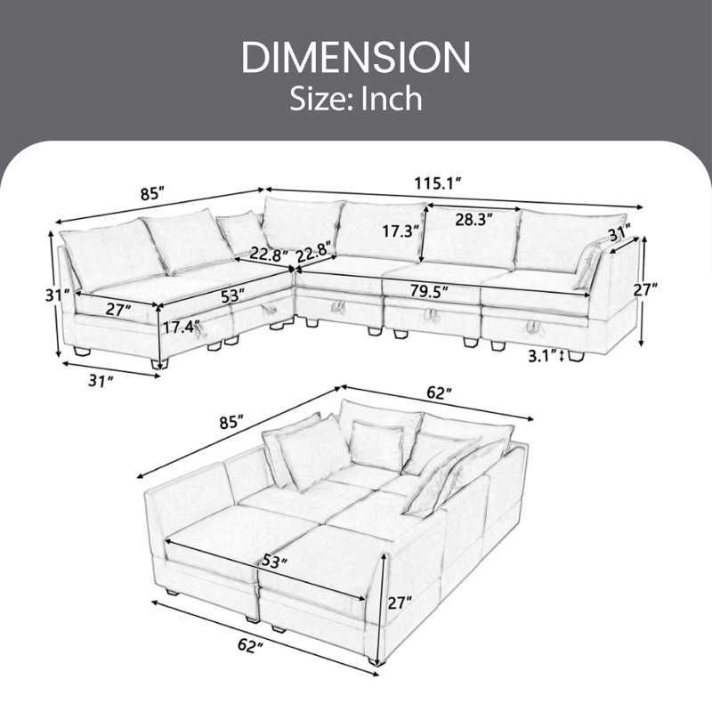 Canapé modulaire à méridienne rembourré Cossio, 100 % lin gris