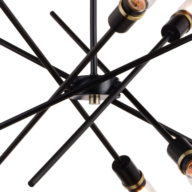 Luminaire suspendu de style Mid-Century moderne à 6 lumières de 24,25 po de largeur, noir et laiton satiné, compatible avec DEL, plafonnier suspendu à hauteur réglable pour table de salle à manger, cuisine, vestibule, chambre à coucher, îlot, vestibule