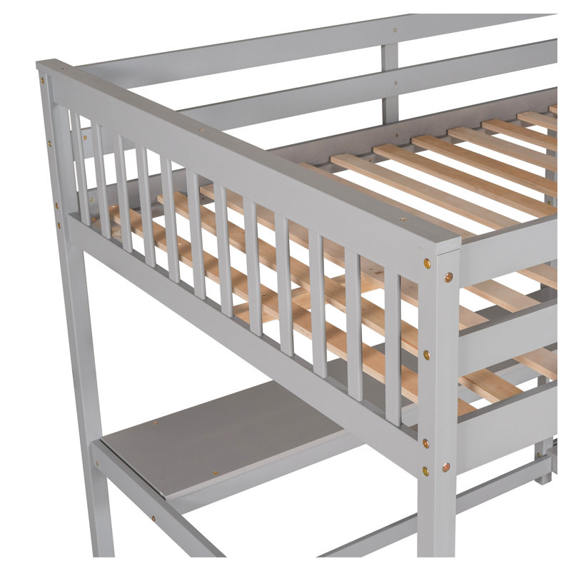 Full Size Loft Bed with Desk and Storage Shelves, Grey Solid Wood High Sleeper with Integrated Workstation