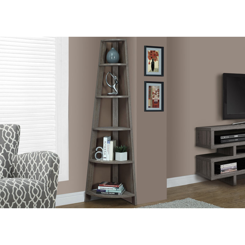 Hewitt Triangular Laminate Bookcase with Space Saving Contemporary Etagere for Office, Bedroom Corner Spaces, Taupe