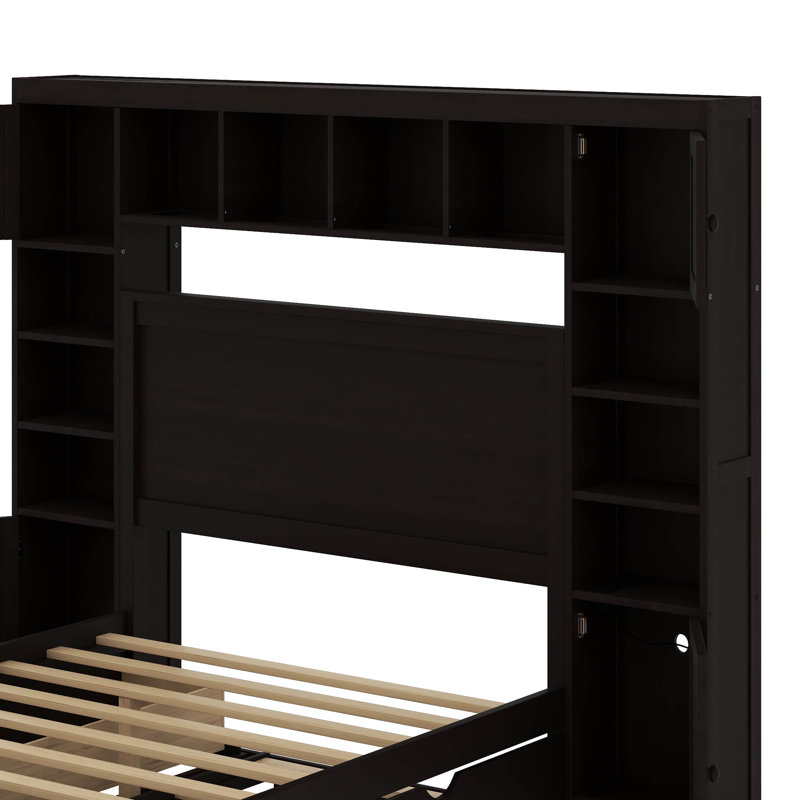 Grand lit en bois avec armoire, tablette et prises, lit gigogne simple TG, Espresso