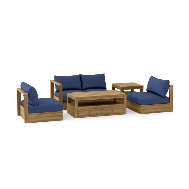 Ensemble de conversation d'extérieur en osier pour 4 personnes avec coussins, Toile bleu marine