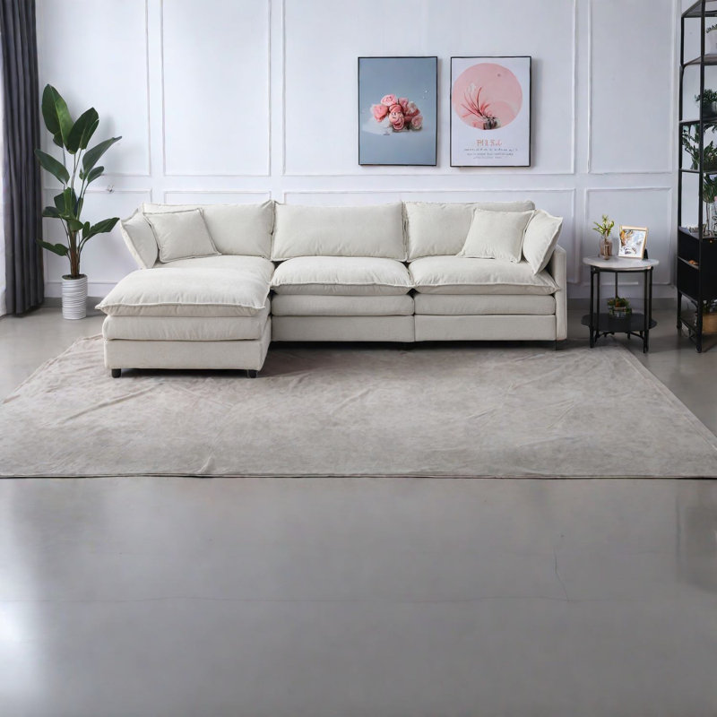 Canapé modulaire en L avec repose-pieds en chenille beige spacieux pour la maison