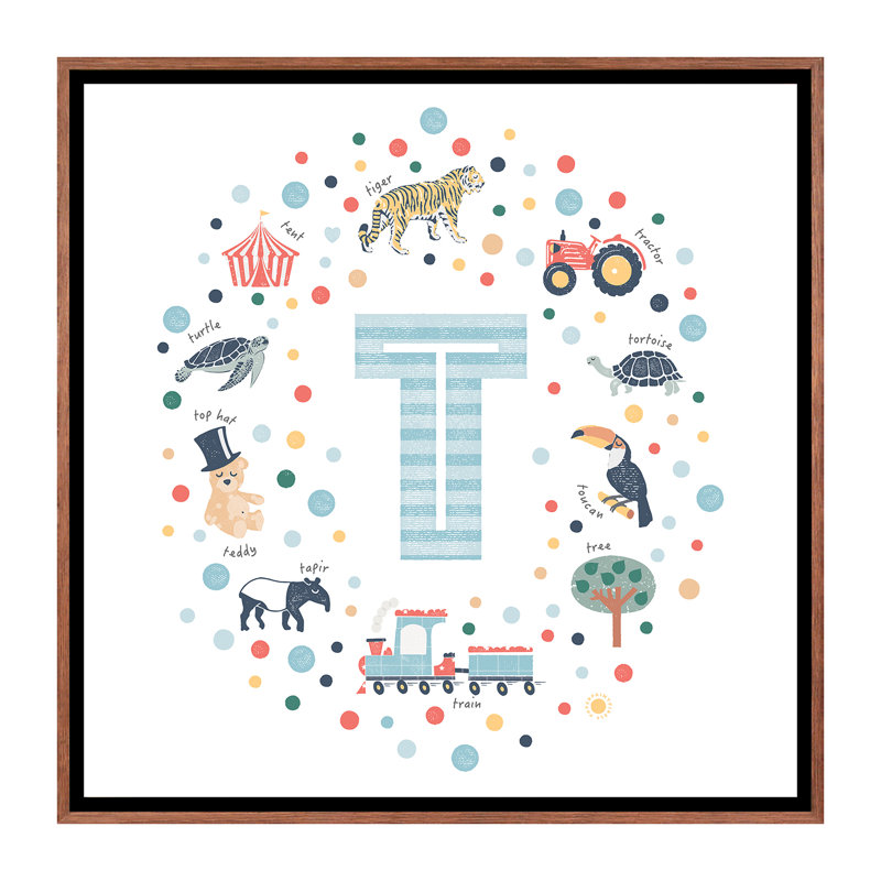 Lettre T - impression d'art graphique, H 26 po x l 26 po x P 1,5 po, Toile avec cadre brun, Aucun mat