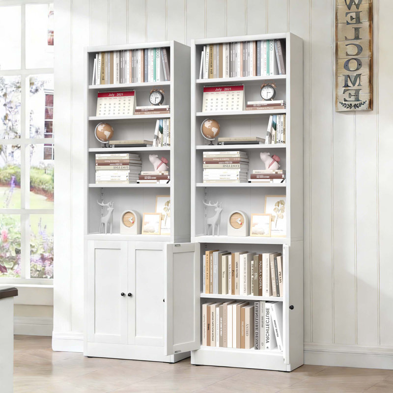 Metal Bookcase, 71 Inch Tall 5-Tier Bookshelf With Door, Industrial White Bookshelf With Adjustable Shelves, 9.2" Deep Storage Shelf For Living Room, Office, Library, Modern Home Furniture
