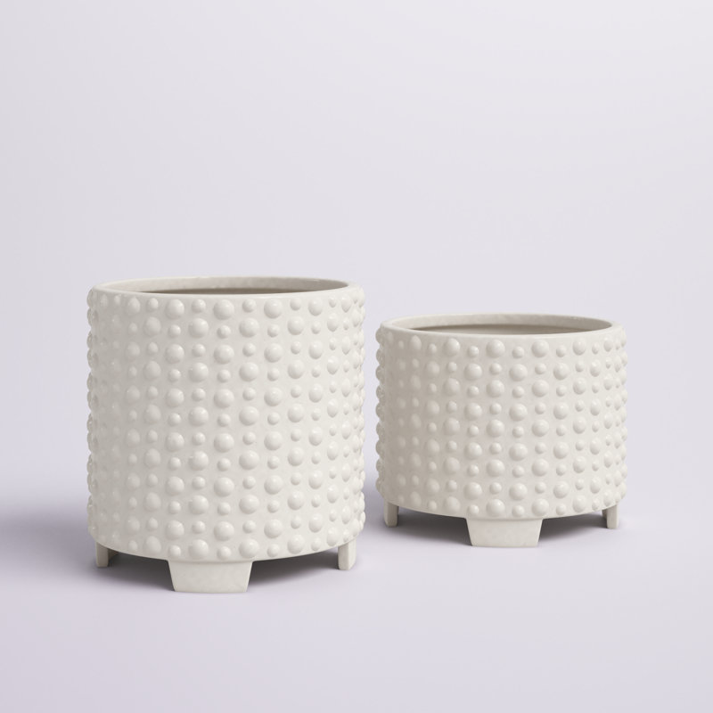 Set of 2 Ceramic Planters Indoor and Outdoor, Creamy Ivory/Beige, 8'' H x 8'' W x 8'' D