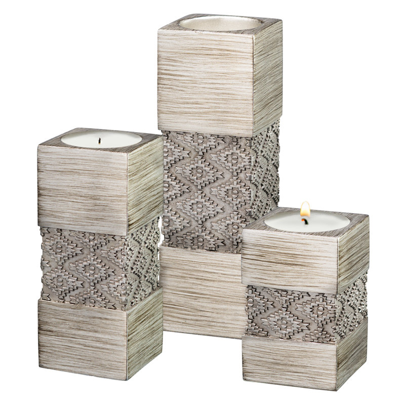 Silver Geometric Patterned Tealight Candle Holder Set