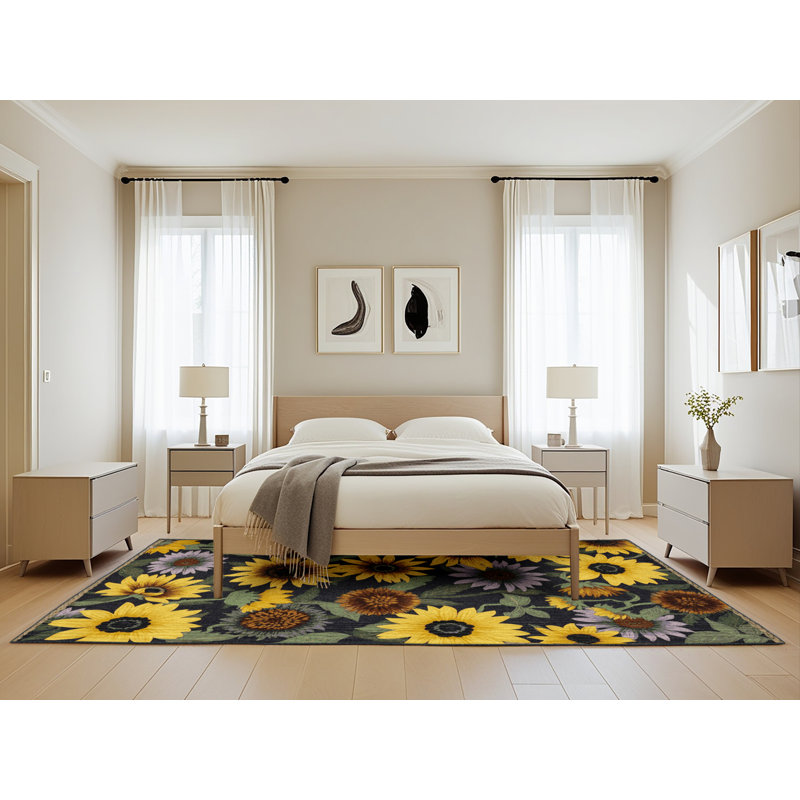 Tapis botanique brun lavable à la machine, Rectangle 5 pi x 8 pi