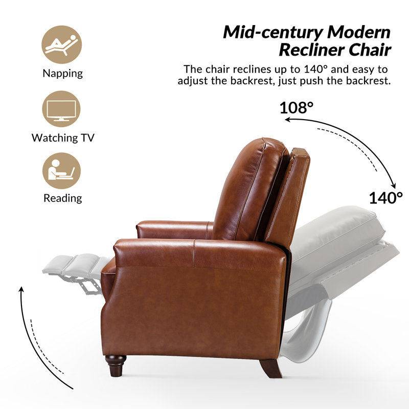 Andrena 34" W Top Grain Leather Recliner with Nailhead Trim, Top Grain Leather Brown