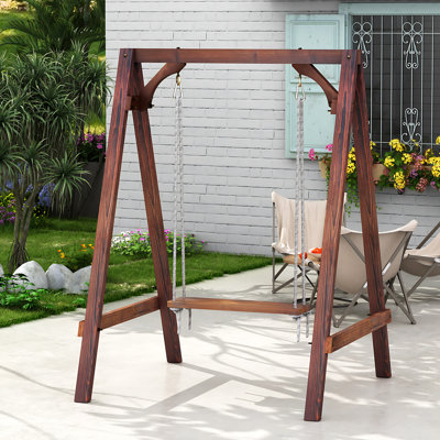 Carbonized Wood Wooden Swings Set With Frame - A Frame Stand Single Person Patio Swings For Adults Kids, Freestanding Wood Porch Swing For Patio, Yard