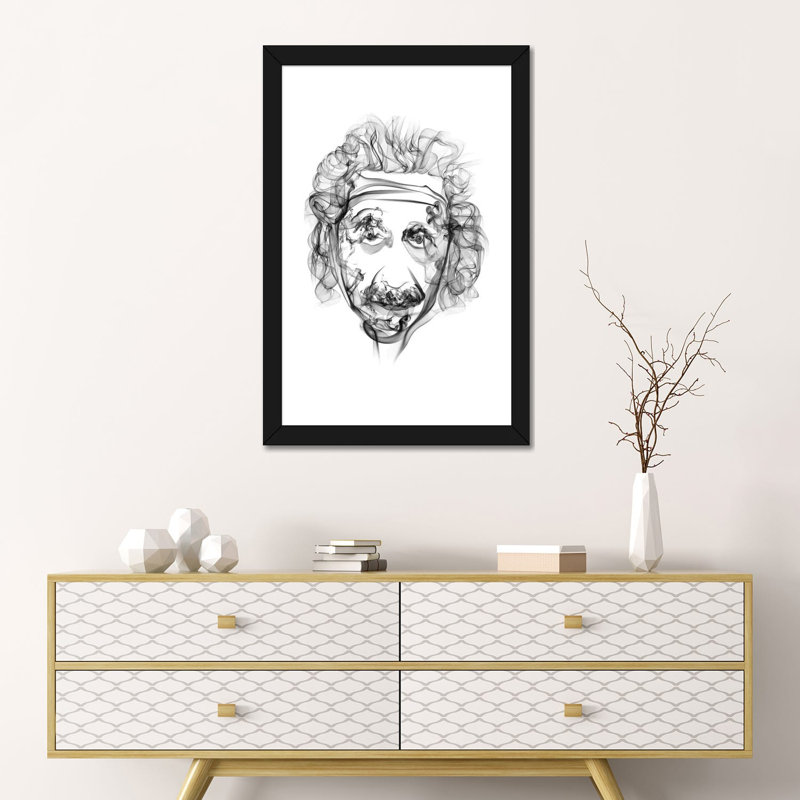 « Albert Einstein » par octave Mielu, reproduction d’art, H 24 po x l 16 po x P 1 po, Papier encadré noir, Blanc