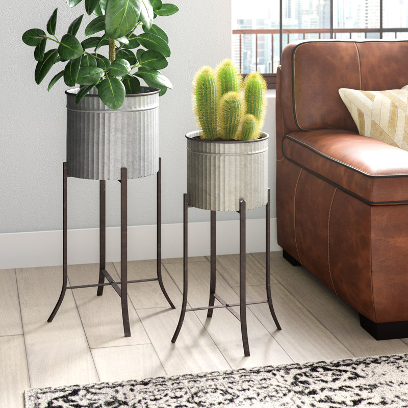 Round Corrugated Metal Planters on Stands, Silver