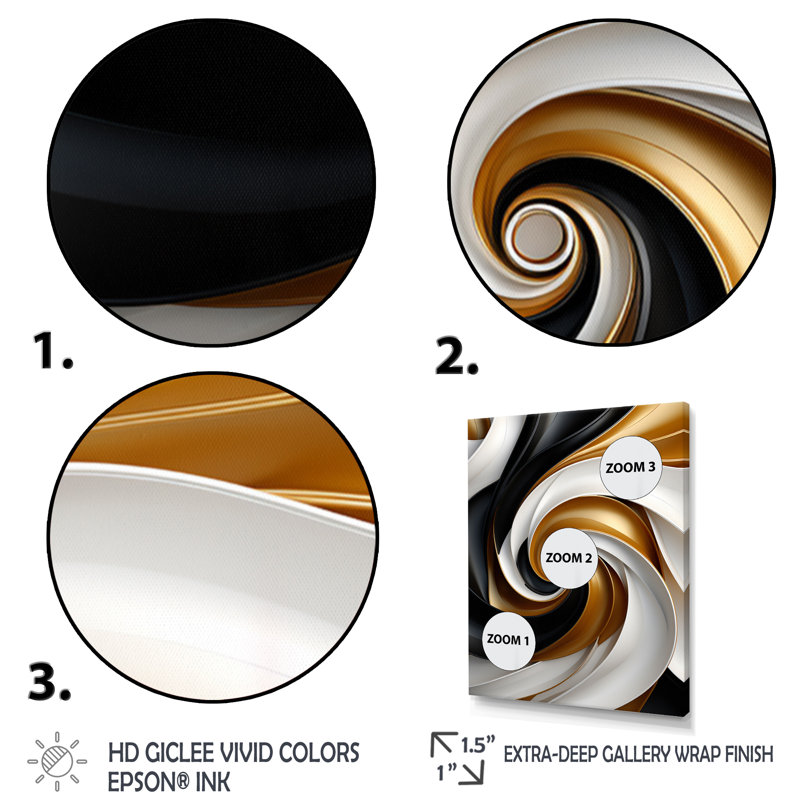 Abstrait spirale abstraite liquide or noir et double spirale abstraite, H 40 po x l 30 po x P 1,5 po, Cadre flottant doré