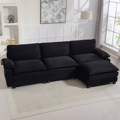 Canapé de style moderne en velours côtelé de L 113 po et 113 po, canapé modulaire modulaire en nuage avec repose-pieds, éponge à haute résilience 35D et coussin épais double couche, porte-gobelets, sacs de rangement, divans pour salon, appartement.