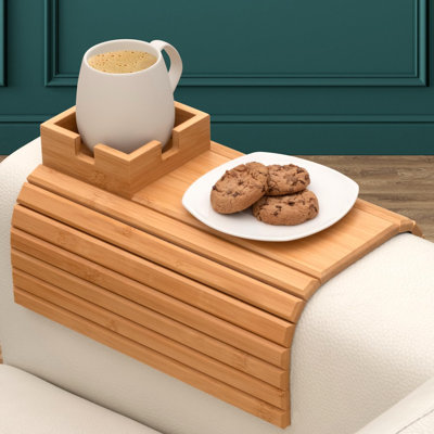 Bamboo Couch Cup Holder Tray - Non-Slip Furniture Protector, Sofa Armrest Table For Mugs & Tumblers – Weighted 16” Large Natural Bamboo Drink Caddy For Recliners And Loveseats
