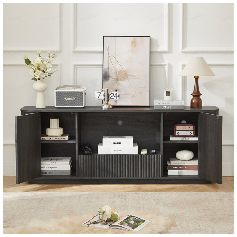 Meuble télé avec buffet arrondi, armoire de rangement à rayures verticales en bois pour espaces de vie modernes