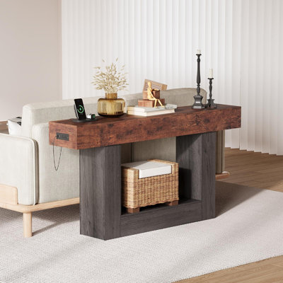  Console moderne 63 po avec prise de courant, table d'entrée en MDF bicolore gris et brun, canapé étroit pour salon, couloir, bureau personnel - l 63 po x P 13,8 po x H 33,5 po
