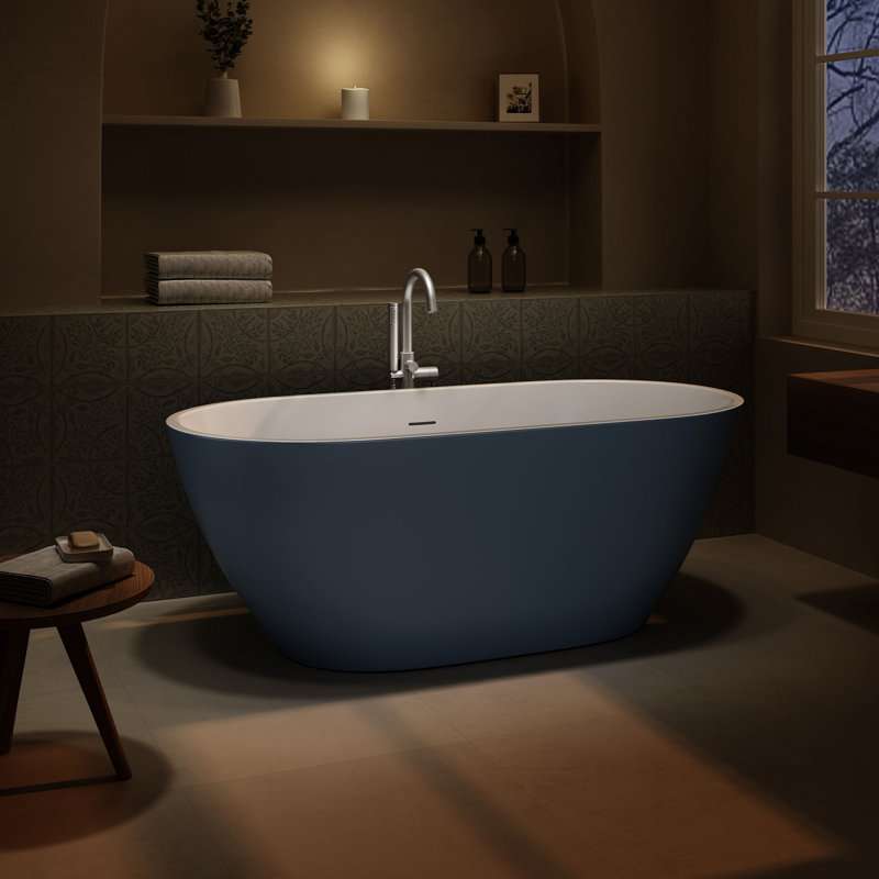 Ayago 59.06" x 28.35" Solid Surface Freestanding Chambray Acrylic Soaking Bathtub, with Overflow and Satin Nickel Pop-up Drain