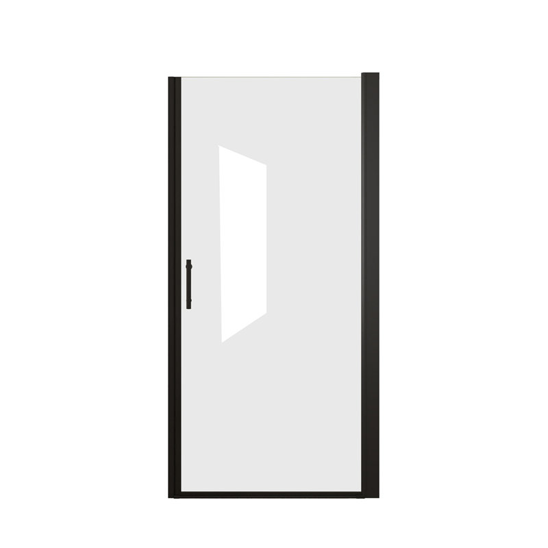 Porte de douche pivotante 28 po x 72 po, cadre en aluminium noir mat, demi-cadre, film en verre trempé anti-déflagrant de 1/4 po (6 mm), poignée en acier inoxydable