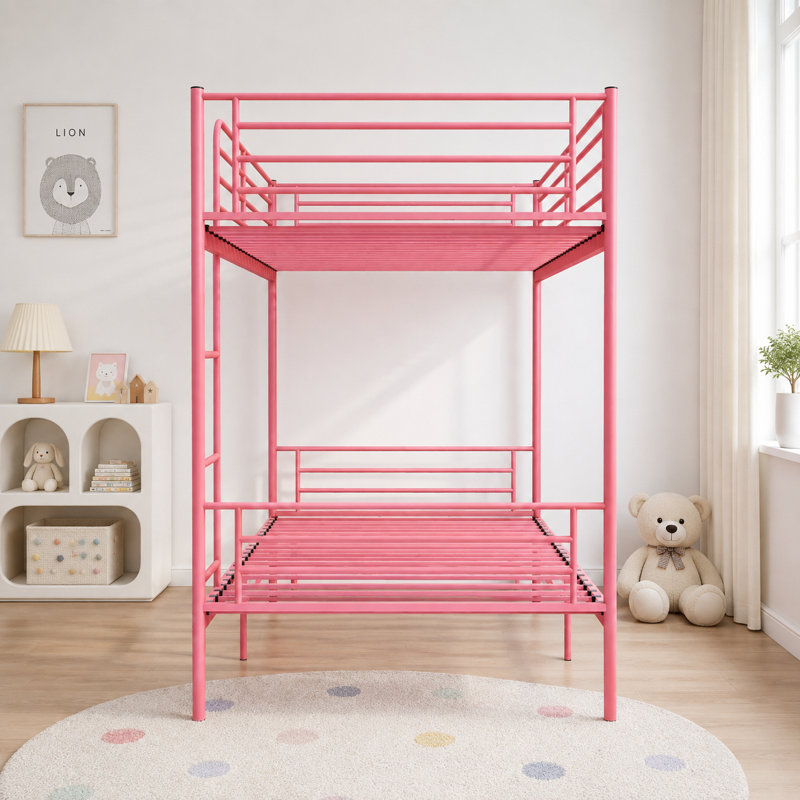 Lit superposé amovible rose en métal (taille simple), avec échelle et garde-corps élevé, structure silencieuse et espace de rangement.