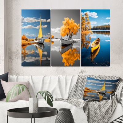 " Monochrome Yellow Boat Reflections II " 3 - Pieces
