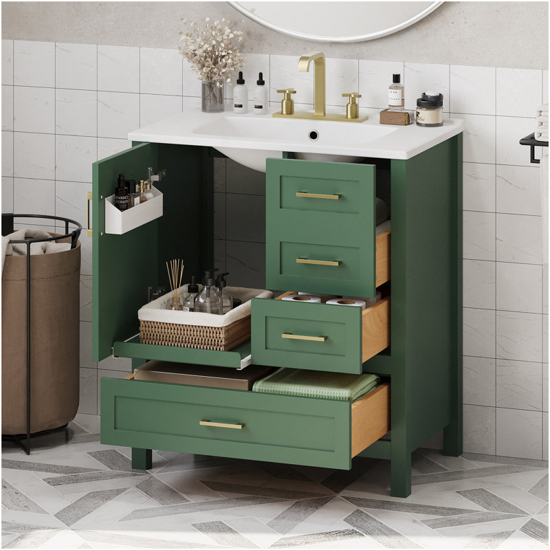 Ensemble de meuble-lavabo vert 30 po avec lavabo, meuble de rangement pour salle de bain avec porte à fermeture douce, 3 tiroirs à fermeture douce et plateau amovible, structure en bois