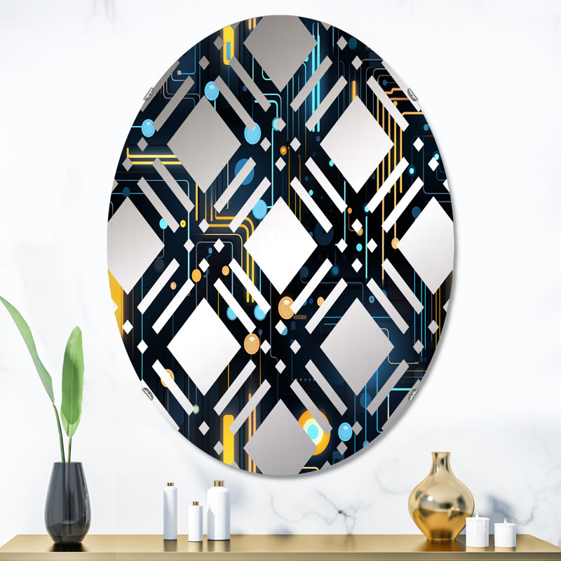 Motif rayé bleu futuriste à carreaux - Miroir décoratif ovale, L 24 po x H 36 po
